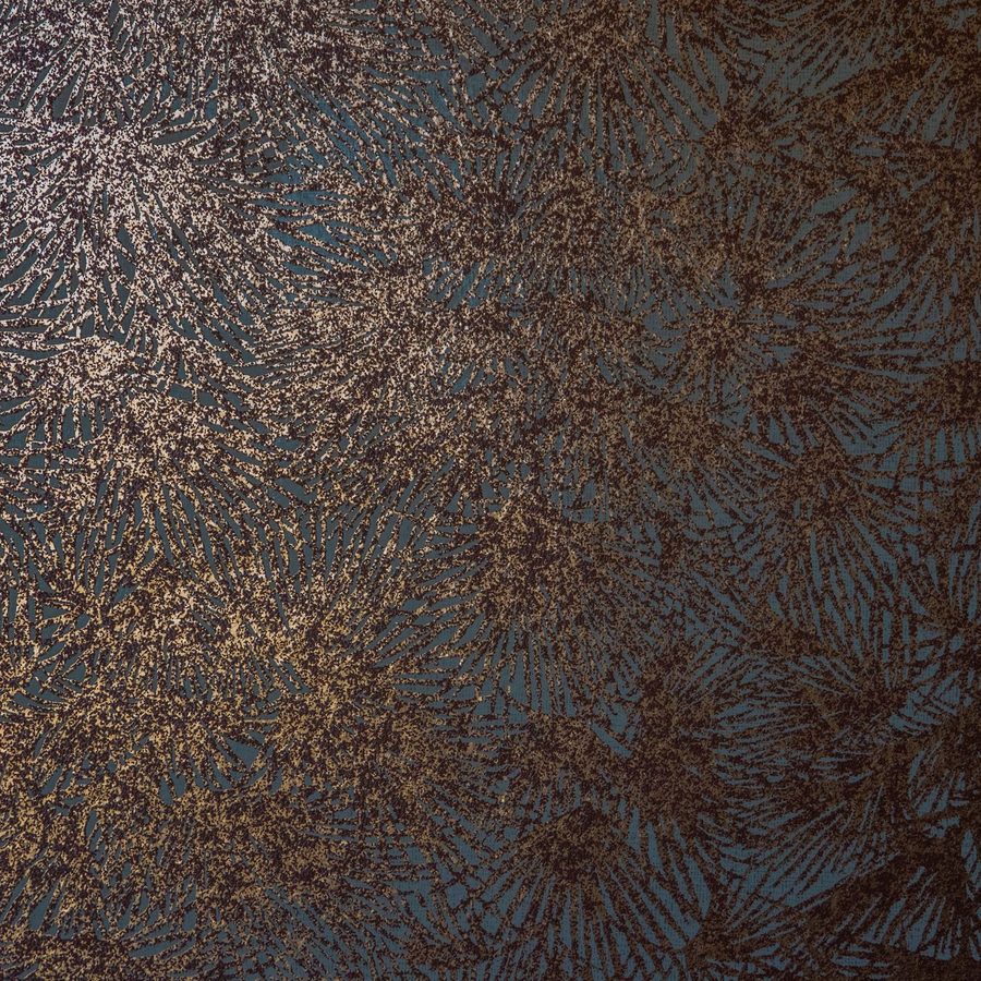 Close-up of copper-toned botanical textured wallpaper